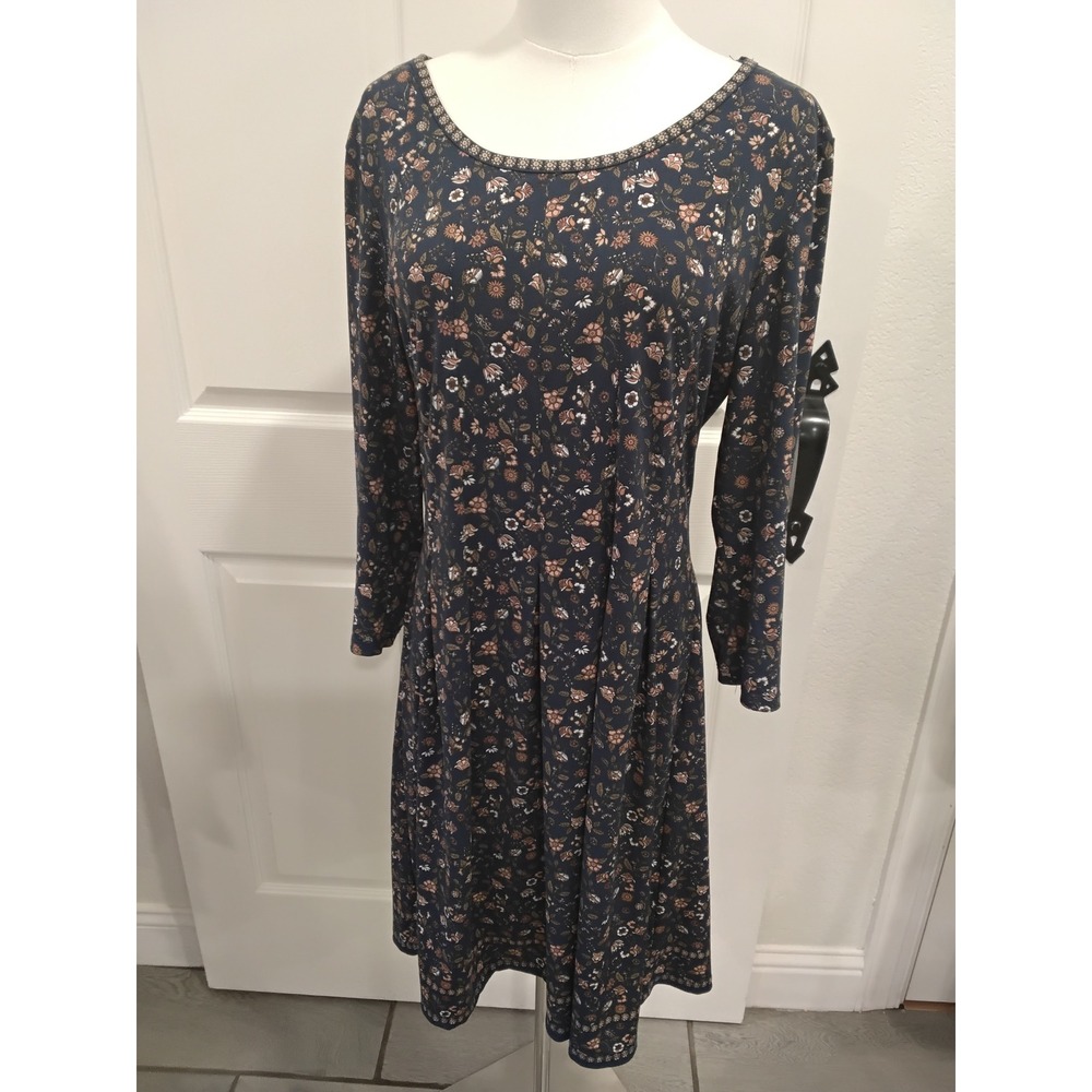 Max Studio Women's Floral Print Long Sleeve Dress Size L Navy Blue
